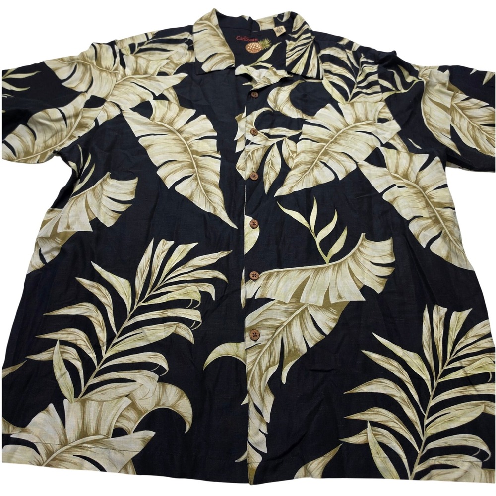 Caribbean Silk Linen Banana Leaf Tropical Camp Shirt Mens XL Black Cream